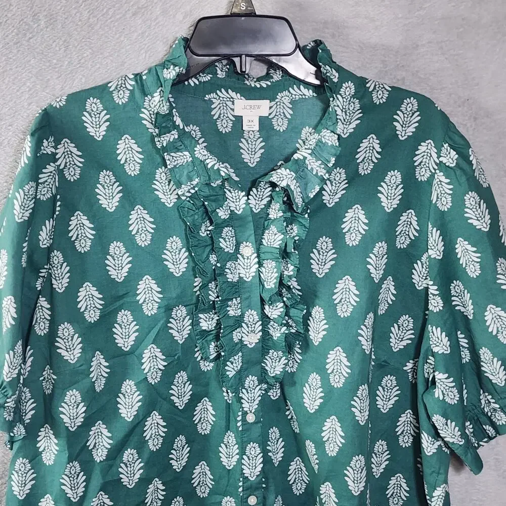 J Crew Ruffle Collar Blouse Top Green 3 Button 100% Cotton Womens Plus Size 3XL